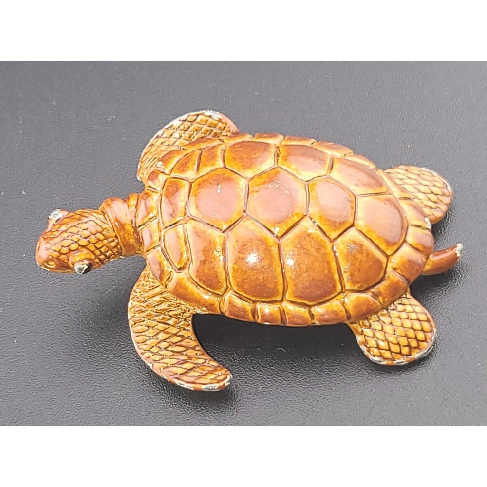 Realistic Vintage Brown Enamel Sea Turtle  Brooch Pin 2.25"